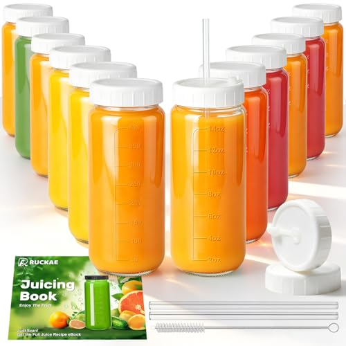 Image of Ruckae Glass Juice Bottles,Juicing Bottles,Smoothie Bottles,Juice Containers,Glass Bottles with Lids-Leakproof Airtight 16 oz 12 Pack for Meal Prep-with Straws for Juice,Iced Coffee,Kombucha