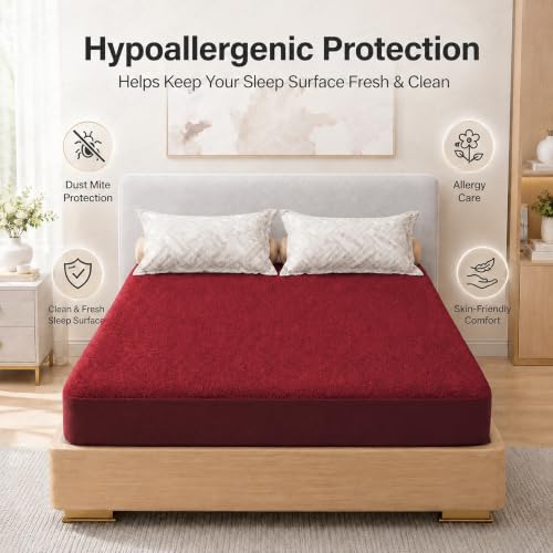 Image of Lukzer Waterproof Mattress Protector Maroon King Size 78 x 72 Inches (6.5 x 6 ft) Ultra Soft Terry Cotton Feel Fabric with Elastic Skirting Hypoallergenic and Breathable Mattress Cover