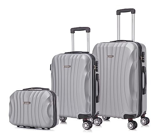 RAYKONG Juego de Maletas ABS Rígida 3 Piezas|Maleta Cabina 55cm|Maleta Mediana 68cm|Neceser 29cm|Plateada