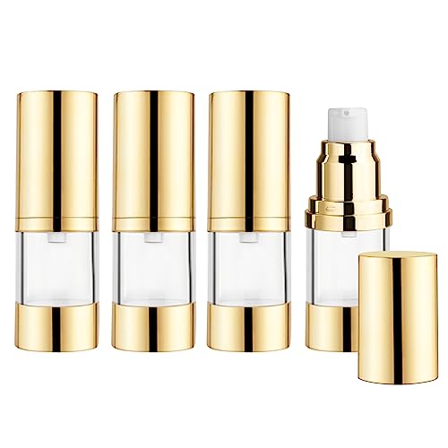 4Pcs 15ml/0.5oz Clear Plastic Airless Pump Bottles with Gold Head Empty Refillable Vacuum Cosmetics Sample Storage Jars for Lotion,Shampoo,Hand Soap,Face Cream