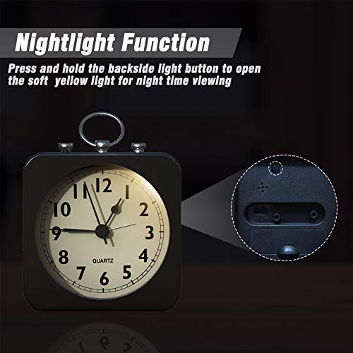 Image of AYRELY Small Metal Alarm Clock, Desk and Table Clock for Travel | Battery Operated Retro Silent Clock with Light for Bedroom, Bedside, Shelf and Living Room Decor (Black)