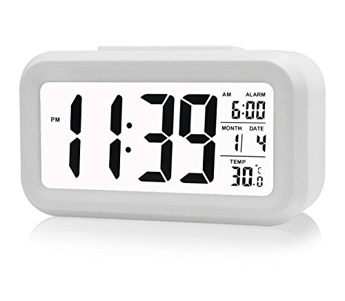 Gearmax® LED Digital Alarma despertador Reloj Repetición activada por luz Snooze Sensor de luz Tiempo Fecha Temperatura(Blanco)