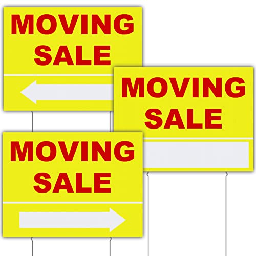 3 Pack Moving Sale Sign Kit 12 x 16 Inch Double Sided Yard Sale Signs with Stakes Corrugated Plastic Estate Sale Signs with Directional Arrows for Real Estate Agents Supplies (Yellow)