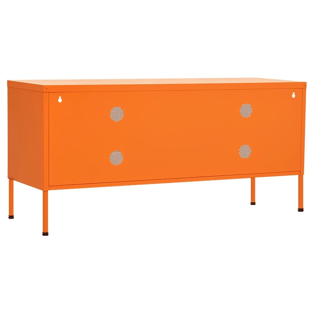 Mobile TV arancione in acciaio, 105 x 35 x 50 cm, con 2 ante a griglia, scaffale e gestione dei cavi, portata 100 kg, moderno mobile basso per soggiorno, home theater, gaming, salvaspazio e