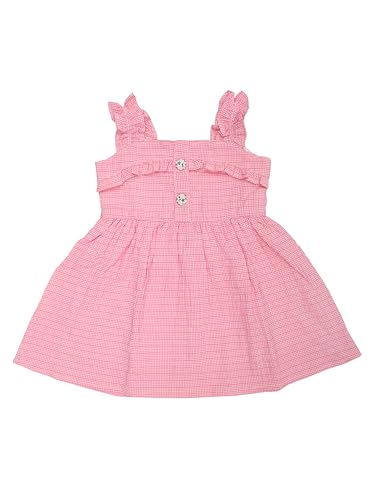 Image of Doodle Ruffle Dress for Baby Girls | Breathable Kids Frock & Dresses for Babies | Western Frocks with Flat Collar & Waist Tie | Knee Length with Sleeveless (Pink & Yellow | Age 6 Months - 4 Years)