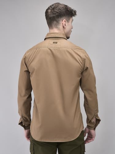 Image of Woodland Men's Camel Solid Casual Shirt | 100% Cotton Regular Fit Button-Down Shirt with Cutaway Collar & Flap Pockets | Office Wear & Weekend Casual