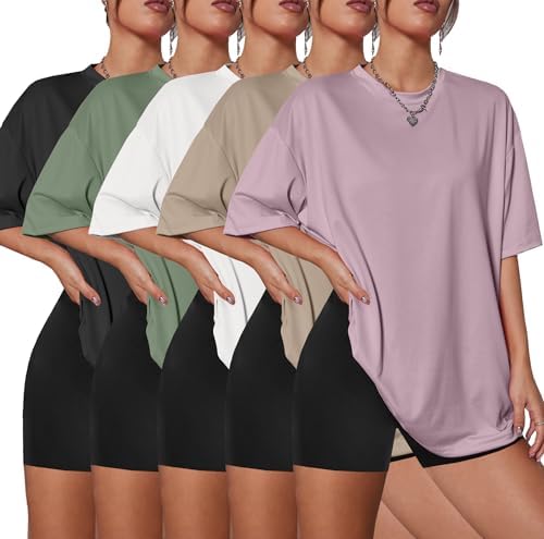 5 Pack Womens Oversized T Shirts Crew Neck Loose Fit Short Sleeve...