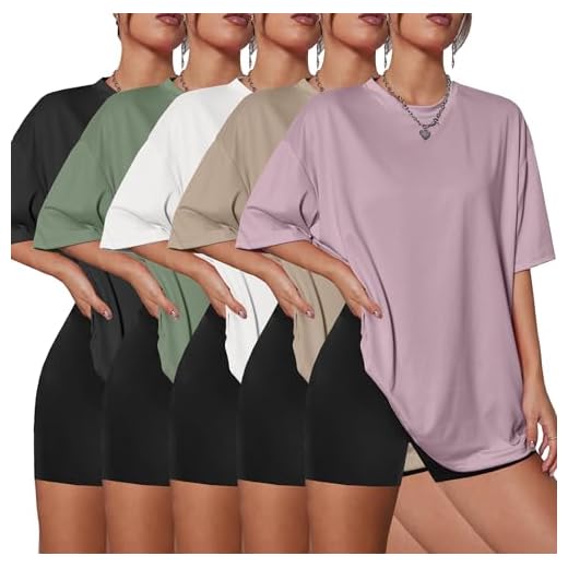 Kinglaman 5 Pack Womens Oversized T Shirts Crew Neck Loose Fit Short Sleeve Tshirts Summer Workout Plus Size Tee Tops 1 Black 1 White 1 Army Green 1 Khaki 1 Dark Pink X-Large