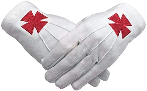 Masonic Knight Templar Red Nordic Cross White Cotton Machine Embroidery Glove (2 Pair) (Small)