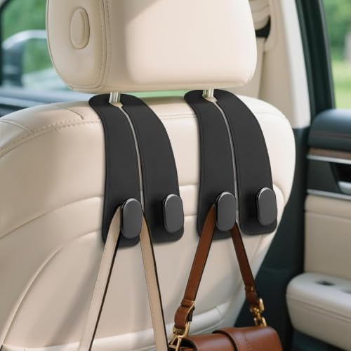 Image of Car Hooks for Headrest, 2Pcs Seat Back Storage Hook Luxurious Leather Multifunctional Car Hanger & Holder for Heatrest, Seat, Bag, Purse Black (Pack of 2)