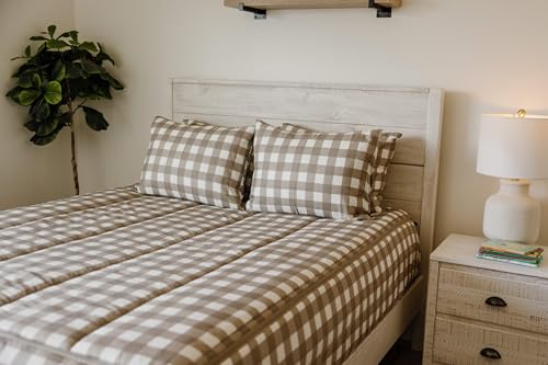 Image of Beddy's Tan Checkered All-in-One Zipper Bedding Set for Kids /Teens - Full | Smooth-Glide Zippers, Easy To Make & Wash, Soft Durable Fabric, Checkered Interior, Includes 2 Pillowcases & 2 Shams