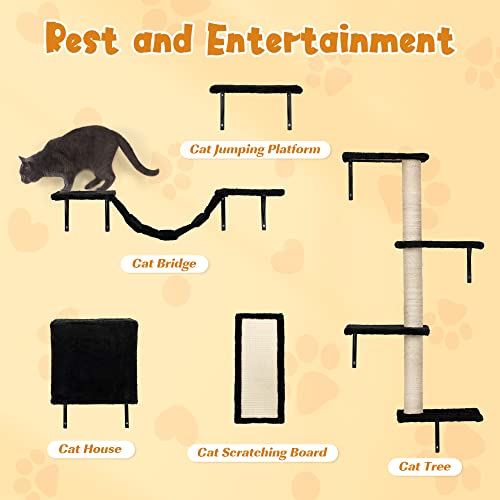 COZIVVOVV 5 Pcs Wall-Mounted Climber Set, Wood Indoor with Shelves and Perches, Ladder, Condo House, Scratching Board and Tree, Wall Shelves Furniture for Cats (Black)