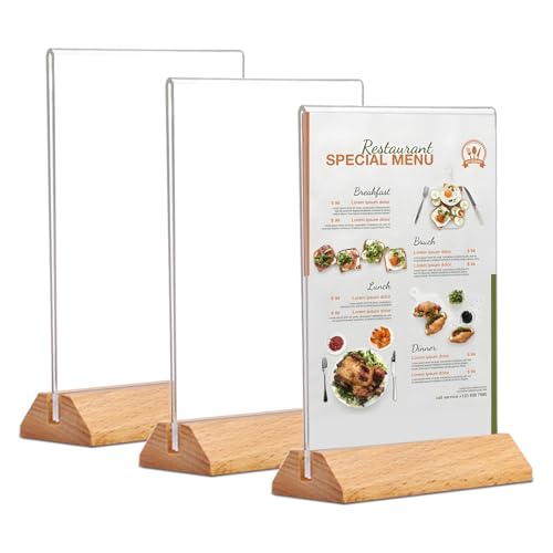 Rifeinoo Lot de 3 présentoirs de table A4 en acrylique avec base en bois, support pour cartes de menu, affiches, dépliants, menus, support en T pour feuilles A4 (verticales A4)