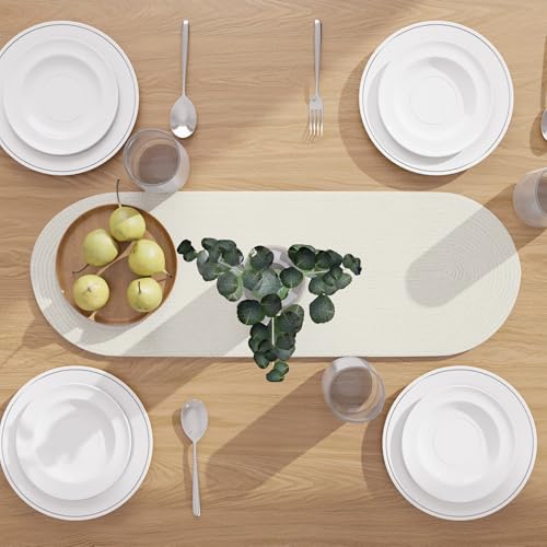 Image of Encasa XO Table Runner for 4 Seater | Handmade Ribbed Style Cotton | 30x91 cm | Off White | for Dining & Center Table