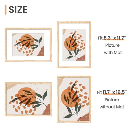 Image of upsimples A3 Picture Frame, Display Pictures 8.3x11.7 with Mat or 11.7 x 16.5 Without, Wall Hanging Poster Frames, Natural Style, 1 Pack