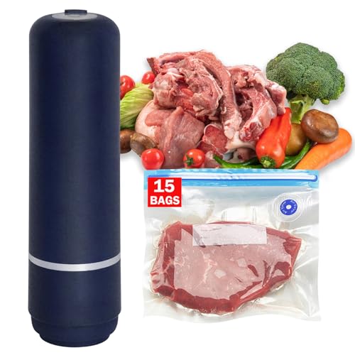 Portable food vacuum sealer,Premium Vacuum Sealer for Food, Compact Food Storage System, 15 Reusable Sous Vide Bags,Handheld Vacuum Sealer for Kitchen, Home, BBQ, Travel& Storage