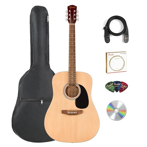 Fender Dreadnought Acoustic Guitar - Natural Bundle with Gig Bag, Strap, Strings, Picks, and Austin...
