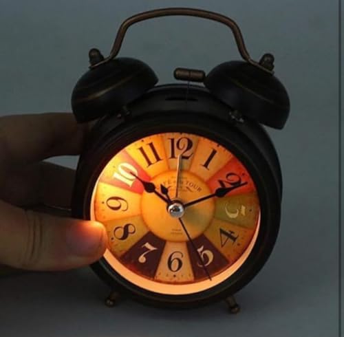 Image of Vintage Twin Bell Alarm Clock, Classic Retro Metal Table Clock, Roman Numeral Analog, Battery Operated, Antique Style, for Bedroom, Bedside, Office, Two Colour Bronze & Copper (Black)