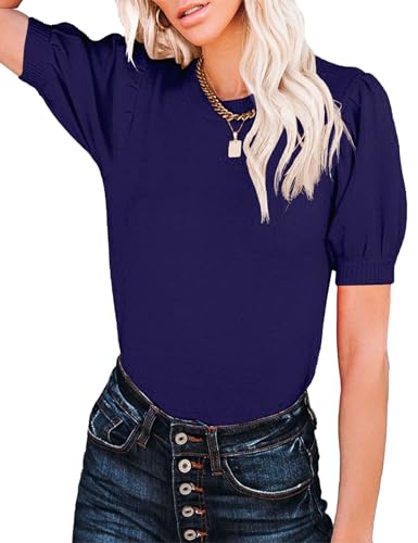 Image of Womens Puff Short Sleeve Sweater Tops Crewneck Basic Knit Pullover Lightweight Casual Sweaters