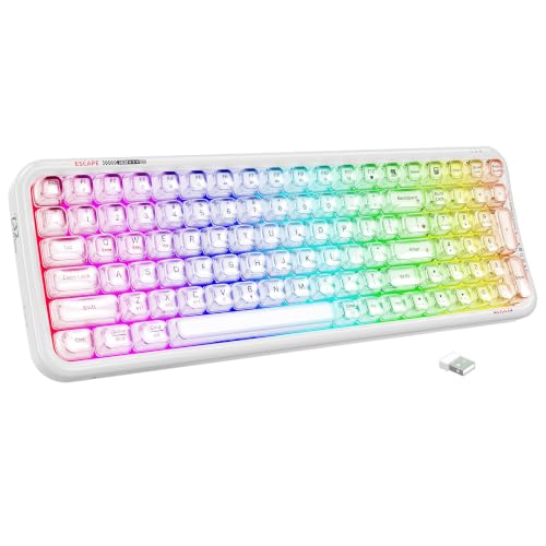 Image of FOPETT Wireless Computer Keyboard with RGB Backlit, Tri-Mode Bluetooth 5.0 /USB-C /2.4GHz Ergonomic Gaming Keyboard - Full-Size Rechargeable Transparent Keycap for Laptop /Windows /PC - White