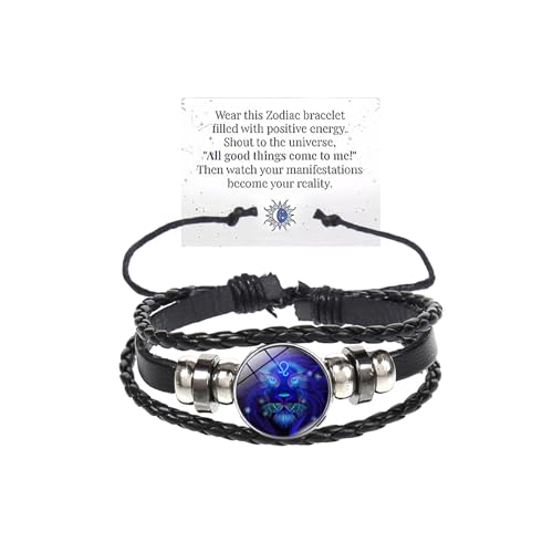 Zodiac Signs Spirit Bracelet Multilayer Adjustable 12 Constellation Black Leather Bracelet Handmade Woven Zodiac Sign Wrap Bracelet Birthday Jewelry Gifts for Women Men