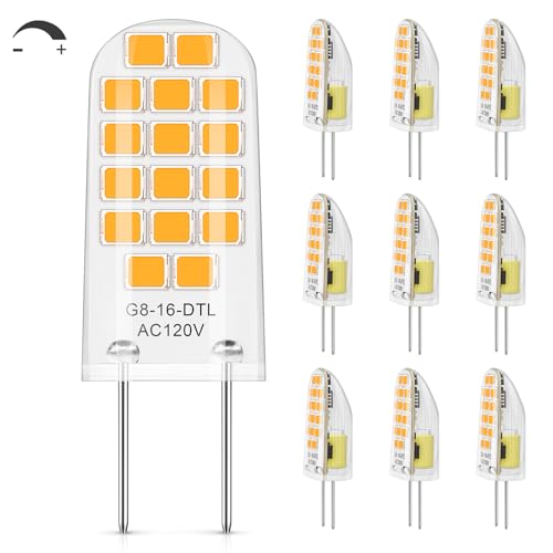 DiCUNO G8 LED Bulb Dimmable, Equivalent to G8 Halogen Bulb 20W, Warm White 2700K, 2W, 120V, T4 JCD Type Bi-Pin Base Light Replacements for Under Cabinet, Puck Light, 10-Pack