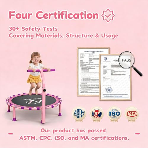 Image of ANCHEER 38 inch Toddler Trampoline for Kids, ASTM Certified Foldable Mini Trampoline with Adjustable Foam Handle, Indoor & Outdoor Kids Trampoline, Quiet Design, 200 LBS Capacity, Easy Assembly