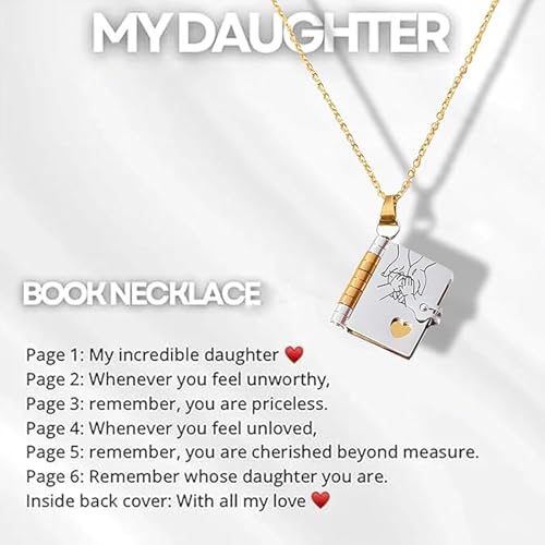 For Daughter - My Incredible Daughter Book Necklace,To my daughter book necklace,To My Daughter from Mom and Dad,Adjustable Silver 18k Gold Book Necklaces with 6 Pages2