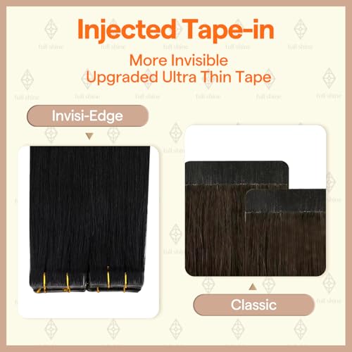 Image of Full Shine Injection Tape in Hair Extensions, Color 1 Jet Black,Virgin Human Hair Extensions, Seamless Injected Tape, 20 Inch, 25G, 10 Pcs, Date Night, Dinner, Smooth Finish
