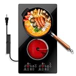 Gveyajo Electric Cooktop 2 Burner 12 Inch, Potrable Electric Stove Top with 110V Plug in, Built-in Ceramic Hot Plate with Touch Control, Timer, Safe Lock, 2000W