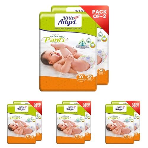 Image of Little Angel Extra Dry Baby Pants Diaper, Extra Large (XL) Size, 112 Count, Super Absorbent Core Up to 12 Hrs Protection & Wetness Indicator, Over 12kg (56 count /pack, Pack of 8)