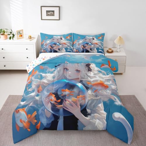 Image of Erosebridal Japanese Girl Comforter 3D Printed Design Bedding Comforters & Sets for Kids Girls Boys - Anime Gifts, Cartoon Design Duvet Insert Kawaii Anime Girls Decorations Quilt Full 3Pcs