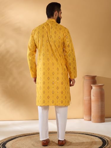 Image of KRAFT INDIA Men's Cotton Blend Geometric Printed Straight Long Regular Kurta and Elastic Waistband Pyjama Set