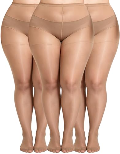 Image of MERYLURE Plus Size Sheer Tights for Women,20D Control Top Pantyhose Reinforced Toes High Waist Stockings 3 Pairs 1XL-6XL