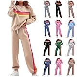 Toumov Womens 2 Piece Outfits Fashion Rainbow Striped Sweatshirt Casual Wide Leg Pants Tracksuit Sets Matching Sweatsuit