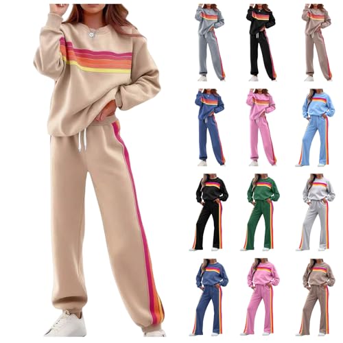 Toumov Womens 2 Piece Outfits Fashion Rainbow Striped Sweatshirt Casual Wide Leg Pants Tracksuit Sets Matching Sweatsuit