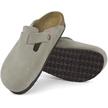 ILLIMITE Suede Clogs for Women Men Cork Footbed Sandals Leather Mules Potato Shoes with Arch Support and Adjustable Buckle