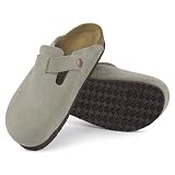 ILLIMITE Suede Clogs for Women Men Cork Footbed Sandals Leather Mules Potato Shoes with Arch Support and Adjustable Buckle Taupe