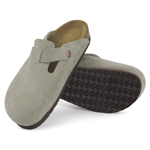 ILLIMITE Suede Clogs for Women Men Cork Footbed Sandals Leather Mules Potato Shoes with Arch Support and Adjustable Buckle