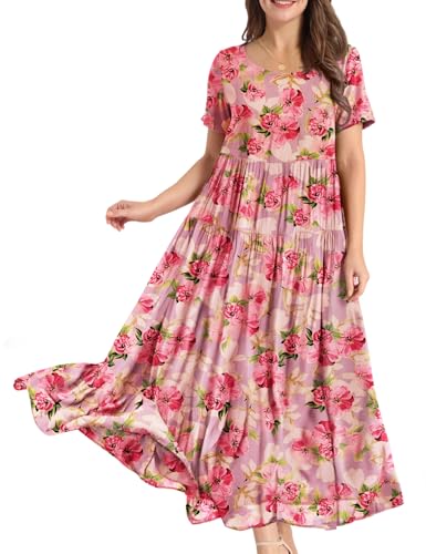 Image of YESNO Women Casual Loose Bohemian Floral Dress with Pockets Short Sleeve Long Maxi Summer Beach Swing Dress EJF