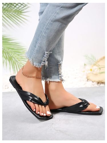 Image of GORGLITTER Women's Flip Flops Flat Sandals Dressy Metallic Square Toe Thong Vacation Summer Weeding Slides Sandals