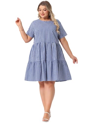 Image of Agnes Orinda Plus Size Gingham Dresses 1950s Vintage Plaid Round Neck Short Sleeve Tiered Midi Summer Dress