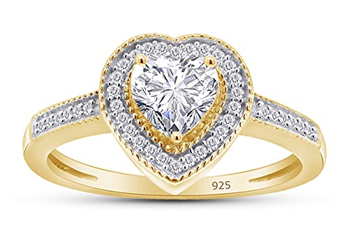 AFFY Center 5MM Heart & Round Lab Created Moissanite & Cubic Zirconia Promise Love Heart Ring For Women In 14k Rose Gold Over Sterling Silver