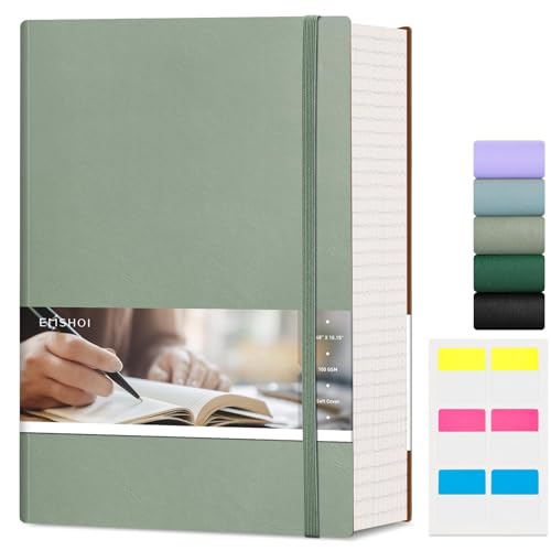 EMSHOI Notebook B5 Large Lined Journal - 400 Pages 100GSM Thick Ruled Notepad, Vegan Leather Softcover Daily Note Book for Women Men Work School Office Writing, Sticky Notes (19 x 25 cm, Green)