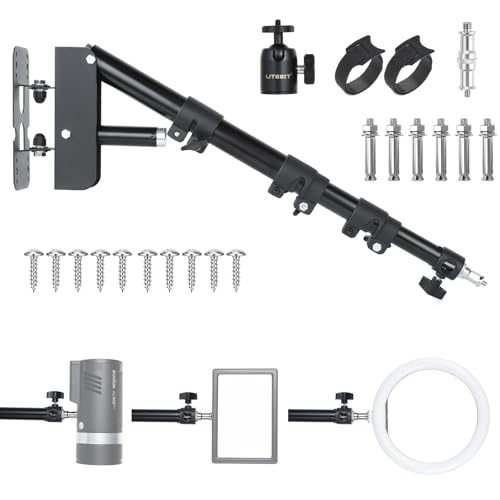 UTEBIT Wall Mount Triangle Boom Arm 43.3inch/110cm, 180° Flexible Rotation Ring Light Mount Adjustable Camera Mount for Studio Video Light, Monolight, Photography, Softbox, Reflector (Black)