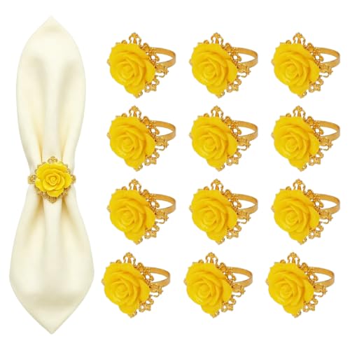 Kinwot 12Pcs Rose Napkin Rings, Flower Shape Metal Napkin Holder, Yellow