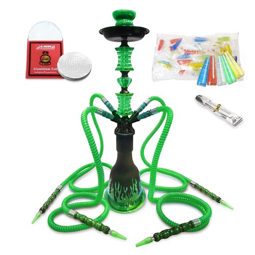 23'' Hookah Set with Everything, Premium Hookah Shisha set, Up To 4 Persons Hookah Complete Set with 50 Disposable Tips, 50 Pre-Punched Aluminum Foil(Green)