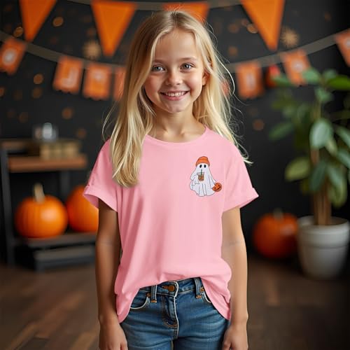 Girl Halloween Shirt Ghost Drinking Coffee Tshirt Pumpkin Short Sleeve Tee Top Kids Spooky Season Fall Outfit 7-12Y4