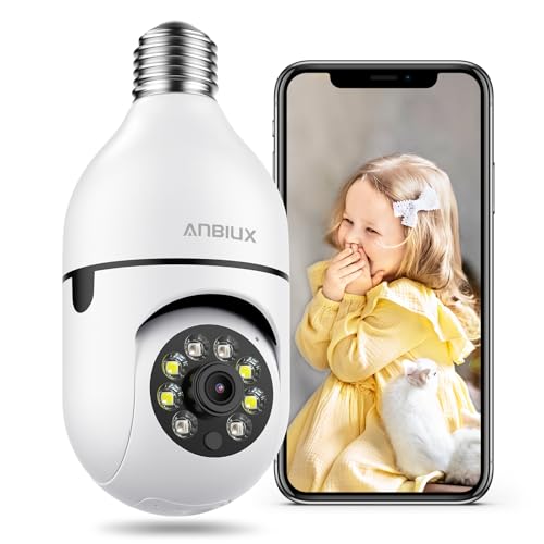 ANBIUX Camara de Seguridad Exterior/Interior - 5G/2.4GHz WiFi Cámara de Seguridad con Seguimiento Automático, Alarma, Audio Bidireccional, 2K Visión Nocturna, Alexa Aplicable, Trabajar con Base E27