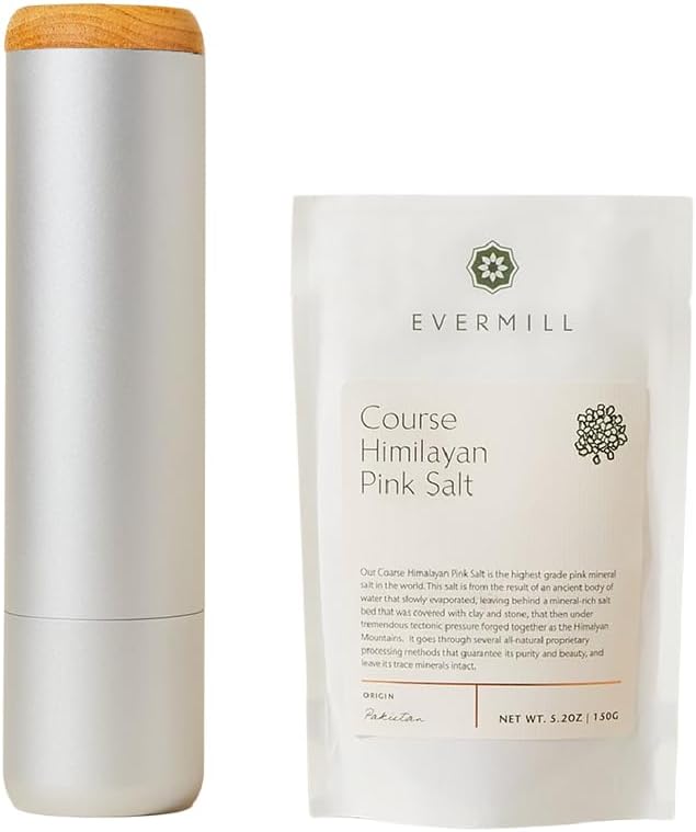 Evermill Salt Mill – Premium Adjustable Salt Grinder with Ceramic Grinder Core – Refillable Manual Salt Grinder with Himalayan Pink Salt – Anodized Aluminum (Silver)